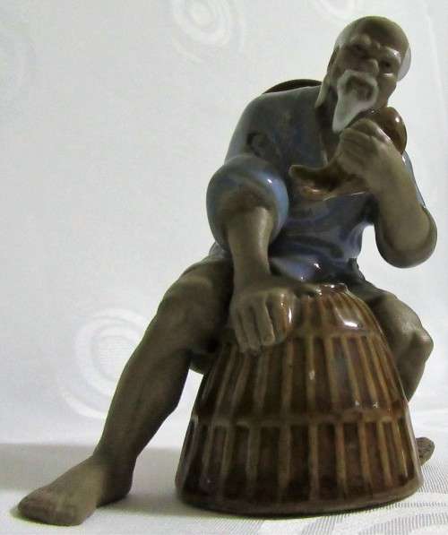 Chinese Clay Mudman Fisherman Sculpture Figurine Fish Basket Holding Fish