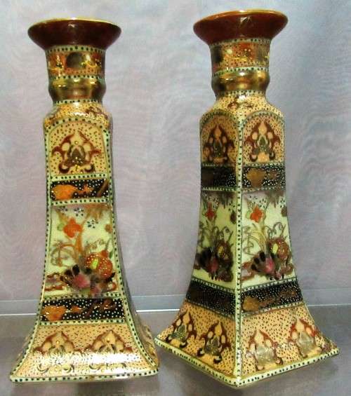Pair of SATSUMA vintage oriental porcelain candle stick holders PRICE FOR BOTH
