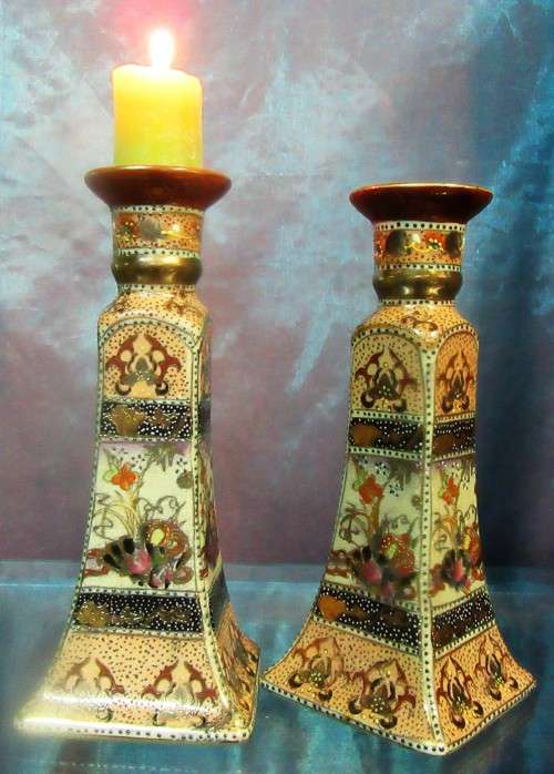 Pair of SATSUMA vintage oriental porcelain candle stick holders PRICE FOR BOTH
