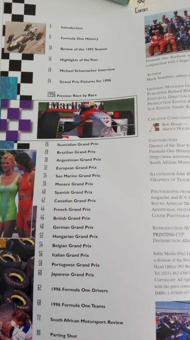 FORMULA ONE YEAR BOOK 1995 /1996  Mark Venables (includes a Chapter on South African Motorsport )