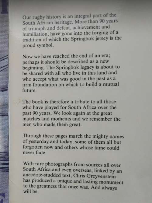 SPRINGBOK SAGA  A Pictorial History From 1891 Chris Greyvenstein South African Rugby history 90 year