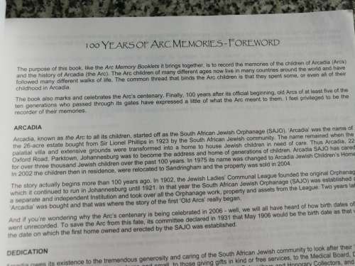 ARC 100 YEARS OF MEMORIES ARCADIA SOUTH AFRICAN JEWISH ORPHANAGE 1906-2006