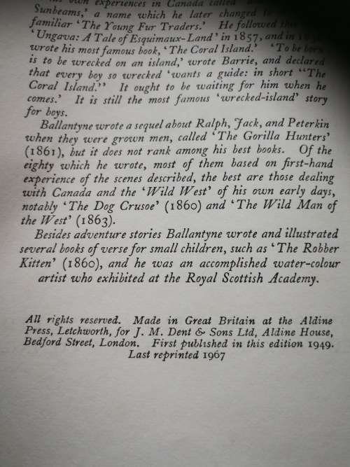 THE CORAL ISLAND R M BALLANTYNE with 8 illustrations in colour J M DENT & SONS LTD Reprint 1967