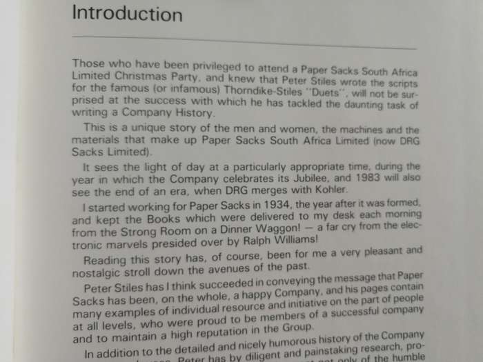 SACKS FOR AFRICA Now Known as DRG SACKS LTD Durban 1933- 1983 PETER J STILES SIGNED