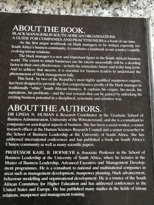 BLACK MANAGERS  in South African Organisations A Guide LINDA HUMAN & KARL HOFMEYR 1985