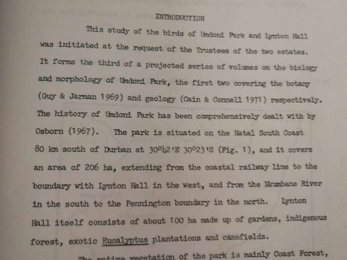 A SURVEY OF THE BIRDS OF UMDONI PARK  and LYNTON HALL  Natal South Coast  GORDON L MACLEAN
