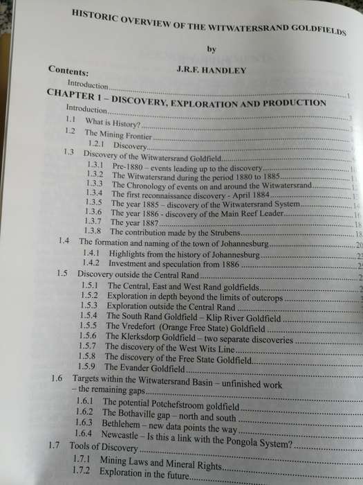 HISTORIC OVERVIEW OF THE WITWATERSRAND GOLDFIELDS  by J R F HANDLEY