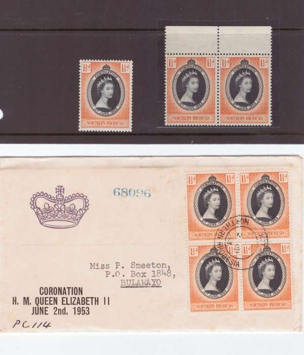 Northern Rhodesia QEll FDC and stamps 1 pair UMM and single MLH, 1953, SACC 60, Ask R100