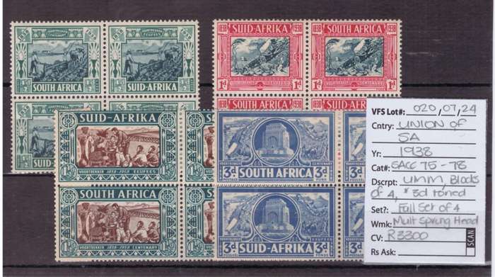 Union of South Africa Stamps, 1938, UMM, SACC 75-78, Blocks of 4, Est R3300 Ask R500