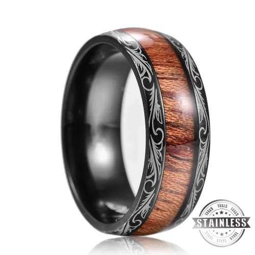 BLACK HAWAIIAN KOA WOOD INLAY STAINLESS RING Size 11