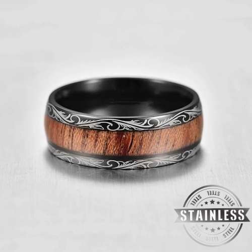 BLACK HAWAIIAN KOA WOOD INLAY STAINLESS RING Size 11