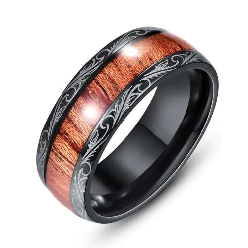 BLACK HAWAIIAN KOA WOOD INLAY STAINLESS RING Size 11