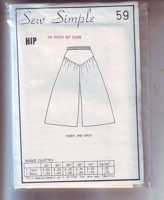 Sew Simple (Basque culottes)sewing  pattern   no 59 size hip 97cm (skill level easy),  pattern  sti