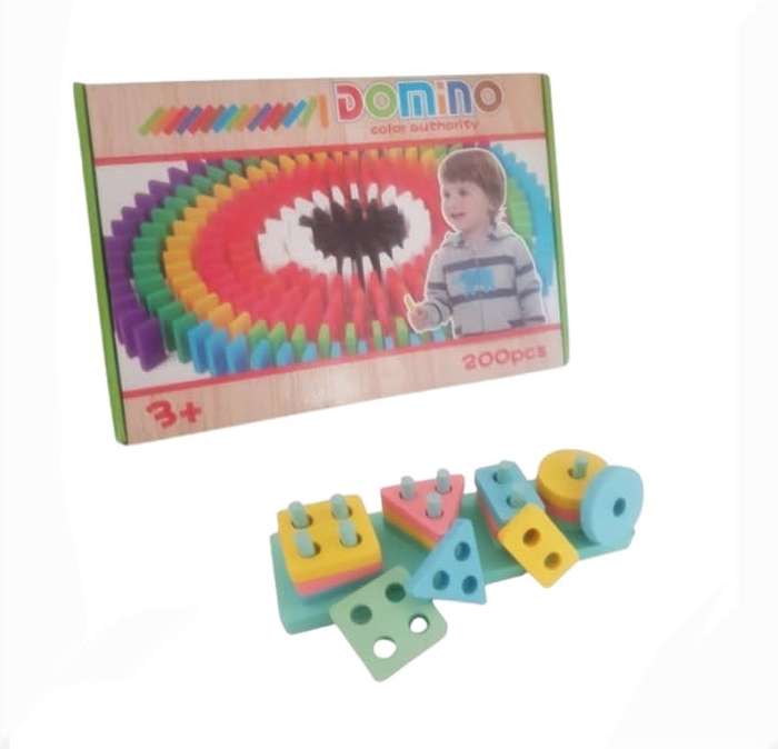 200pc Colourful Wooden Dominos & Geometric stacking Block Combo