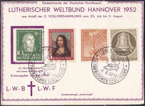 GERMANY - 1952 HANNOVER LWB CARD, LIBERTY BELL & OTHERS - USED ON CARD!!!!!