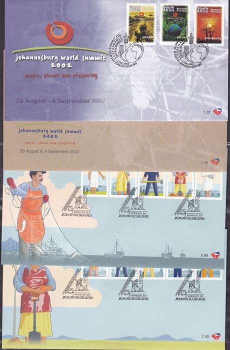 RSA - WORKERS OF SA & JHB WORLD SUMMIT, 2 X SETS OF FDC'S, 6.99 & 7.00 AND 7.37 & 7.44-FINE & CLEAN!