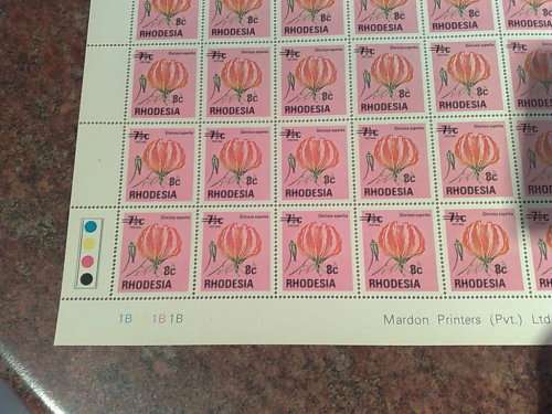 RHODESIA-1974 DEF-8C SURCHARGE-2 FULL SHEETS,A & B-SHEET B HAS VARIETY,BARS LEFT INTO MARGIN-UM