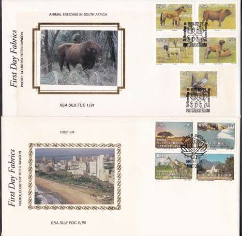 RSA - TOURISM + ANIMAL BREEDING, 2 X SILK FDC NO.9/90 & NO.1/91, FINE - ONLY 300 OF EACH!!!!!