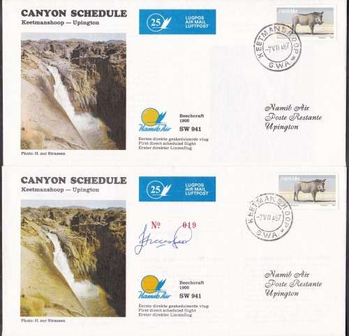 NAMIBIA - NAMIB AIR, 2 X FLIGHT FDC'S NO.25, 1 X UNSIGNED & 1 X SIGNED!!!!!