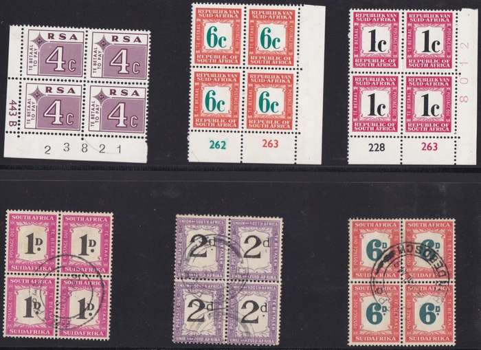 RSA + UNION SA - POSTAGE DUES, ASSORTED U/M CONTROLS + USED BLOCKS OF 4 - CV:R1465!!!!!