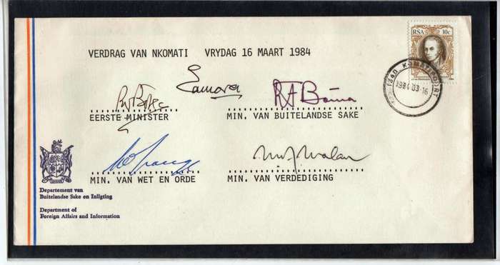 NKOMATI ACCORD-RARE SIGNED COVER-SAMORA MACHEL,PIK BOTHA,PW BOTHA-HANDCANCELLED DAY OF SIGNING