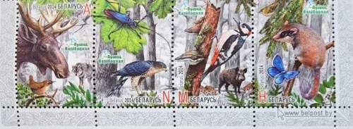 Thematic- Belarus 2014 FOREST LIFE Se-tenant Marginal set (4) STUNNING  Birds,BFlies,Animals, Insect