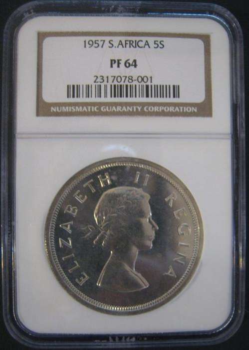 *** 1957 - SA UNION 5 SHILLINGS(CROWN) - NGC GRADED PF64 ***