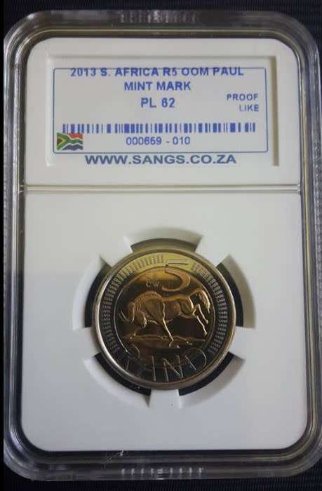 *** 2013 - SA R5 - STRUCK ON THE "OOM PAUL" MINT PRESS - SANGS GRADED PL62 ***