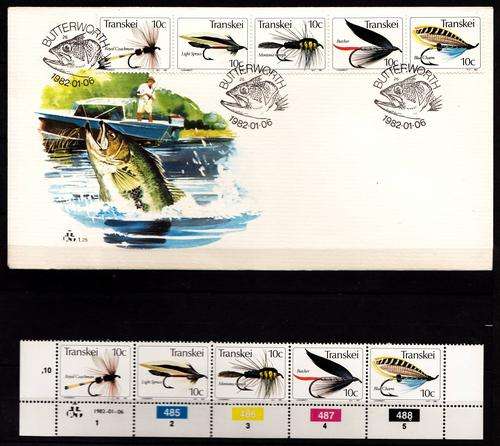 1982 TRANSKEI FISHING FLIES 3RD SERIES FDC + MATCHING  UM MINT 1 X 5 CONTROL BLOCK