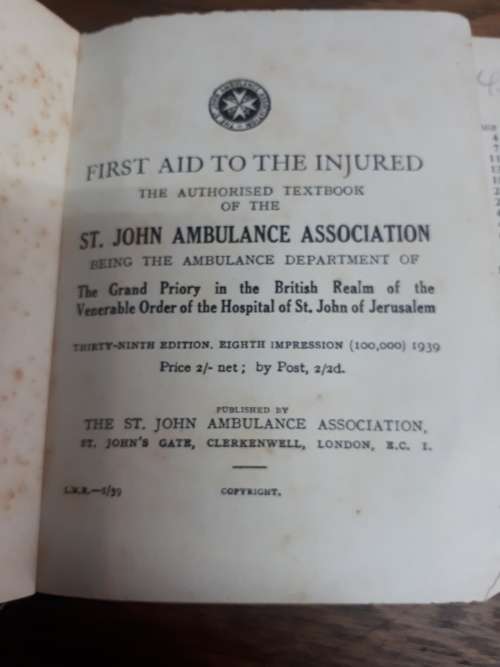 St Johns Ambulance Association Circa 1939 39th Edition First Aid To The Injured