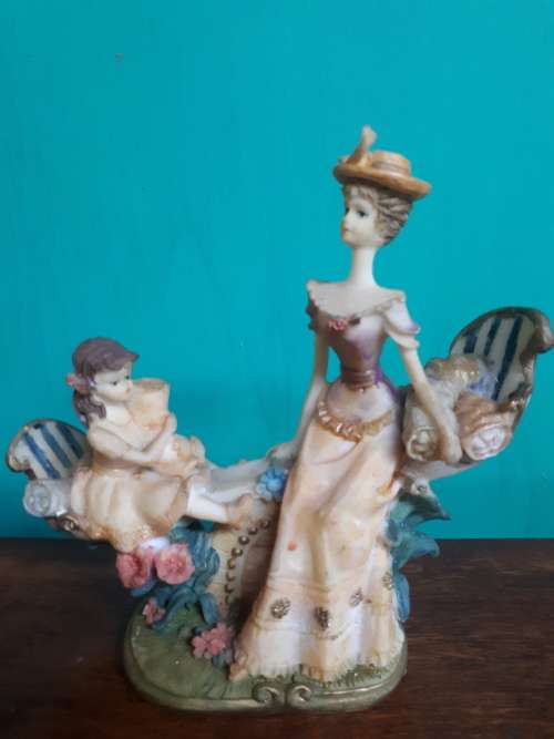 Vintage Handpainted Resin Figure of Lady And Young Girl