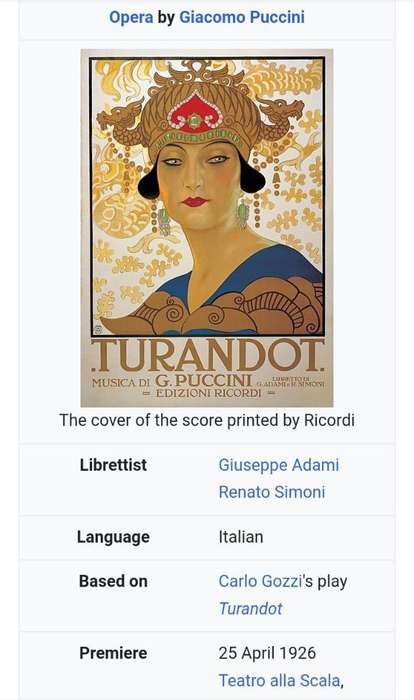 Beautifully Framed Cover 'Turandot' Printed by Ricordi