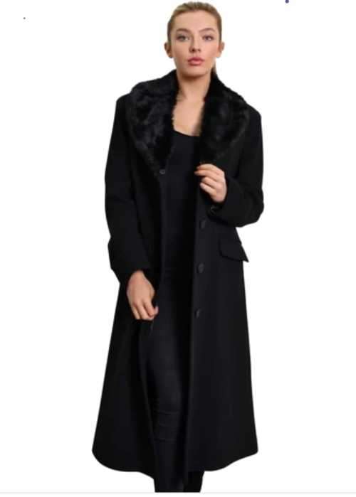 Black Melton Coat with fur collar