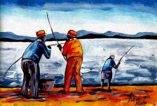 Beautiful acrylic painting by artist Regis Manja titled- Men Fishing