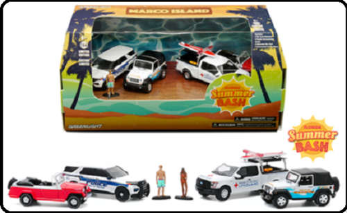 Greenlight Model Car Set 58053 Marco Island Ford Interceptor Jeep F 150 + figurines 1/64 scale