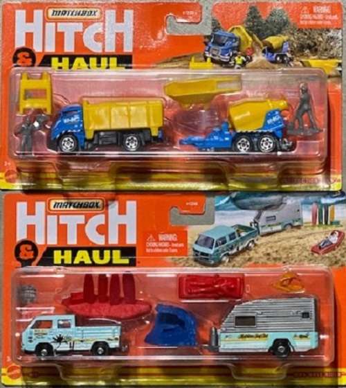 Matchbox Diecast Model Car Hitch & haul Construction Set Dump Truck + Cement Mixer trailer + access