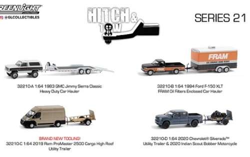Greenlight Set Hitch and Tow Ford F 150 F150 XLT Pickup 1994 + Car Trailer "Fram"