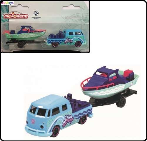 Majorette 2 pk VW Volkswagen Kombi T 1 T1 Double Cab Pickup + Boat & Trailer