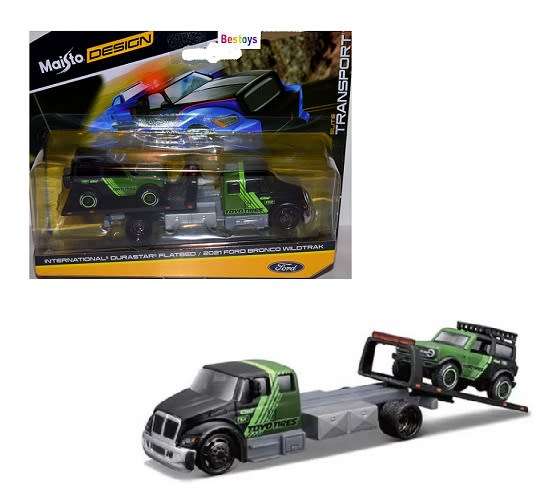 Maisto Elite Transport International Durastar Flatbed Truck + Ford Bronco Wildtrak 2021 `Toyo Tires`