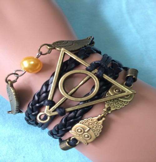 Woven Black Leather Wax Cord Retro Owl Harry Potter Wing Bead Charm Bracelet  !!