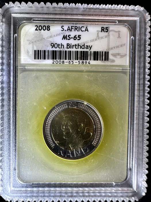 2008***R5 Mandela 90th Birthday***MS65***SACGS scarce slab, decent graders