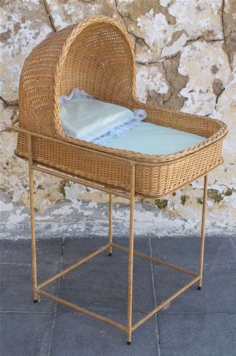 Vintage CANE DOLL'S CRIB on stand - crib is 39cm wide, 53cm long and total height is 89 cm