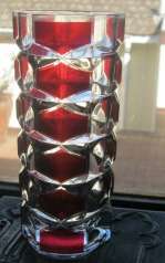 Art Deco Heavy French Geometric Art Glass Triangular Column Vase Ruby on Clear