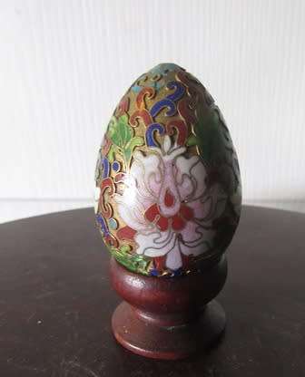 Chinese Cloisonne Egg on Wooden Stand