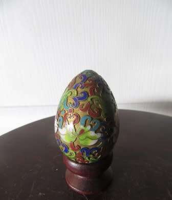 Chinese Cloisonne Egg on Wooden Stand
