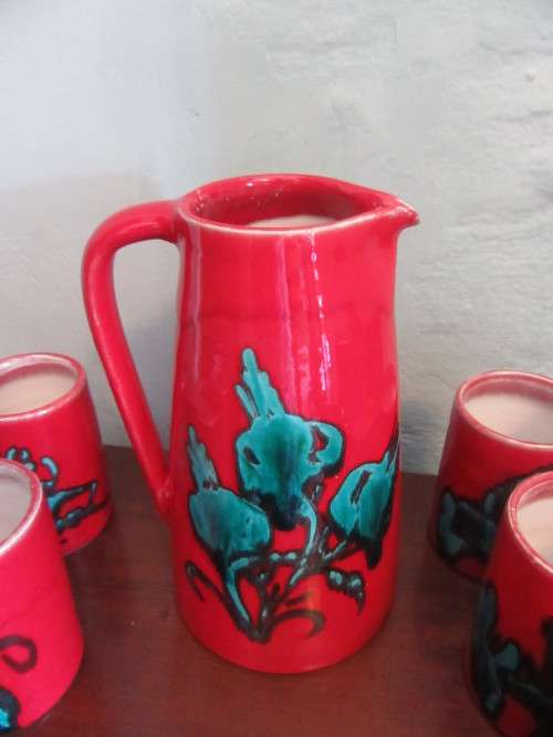 Mid Centuary Style Red and Teal Jug With Matching Tumblers x 6