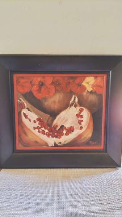 Framed Painting by F Kent Bowl of Nasturtium s & Pomagrate