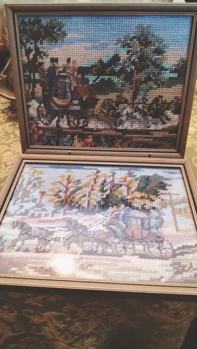 Pair of Framed Tapestries of Carriages
