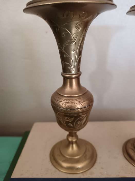 Pair of Heavy Brass Etched Vases