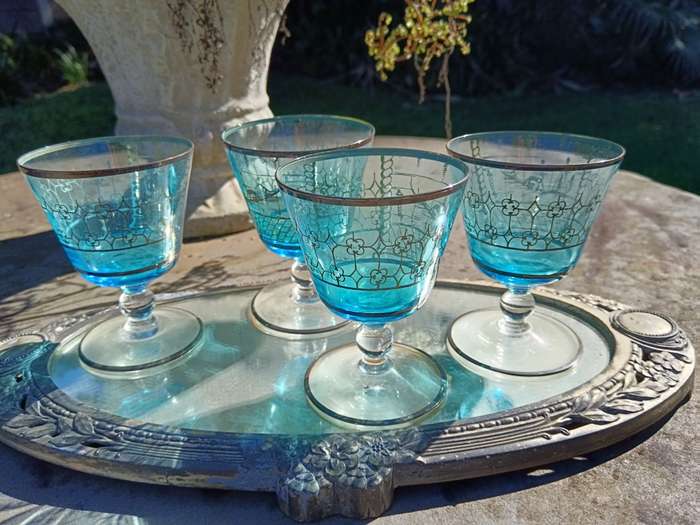 Set of 4x VintageT urqoise Stem  Glasses with a Silver/pewter  Tone Overlay